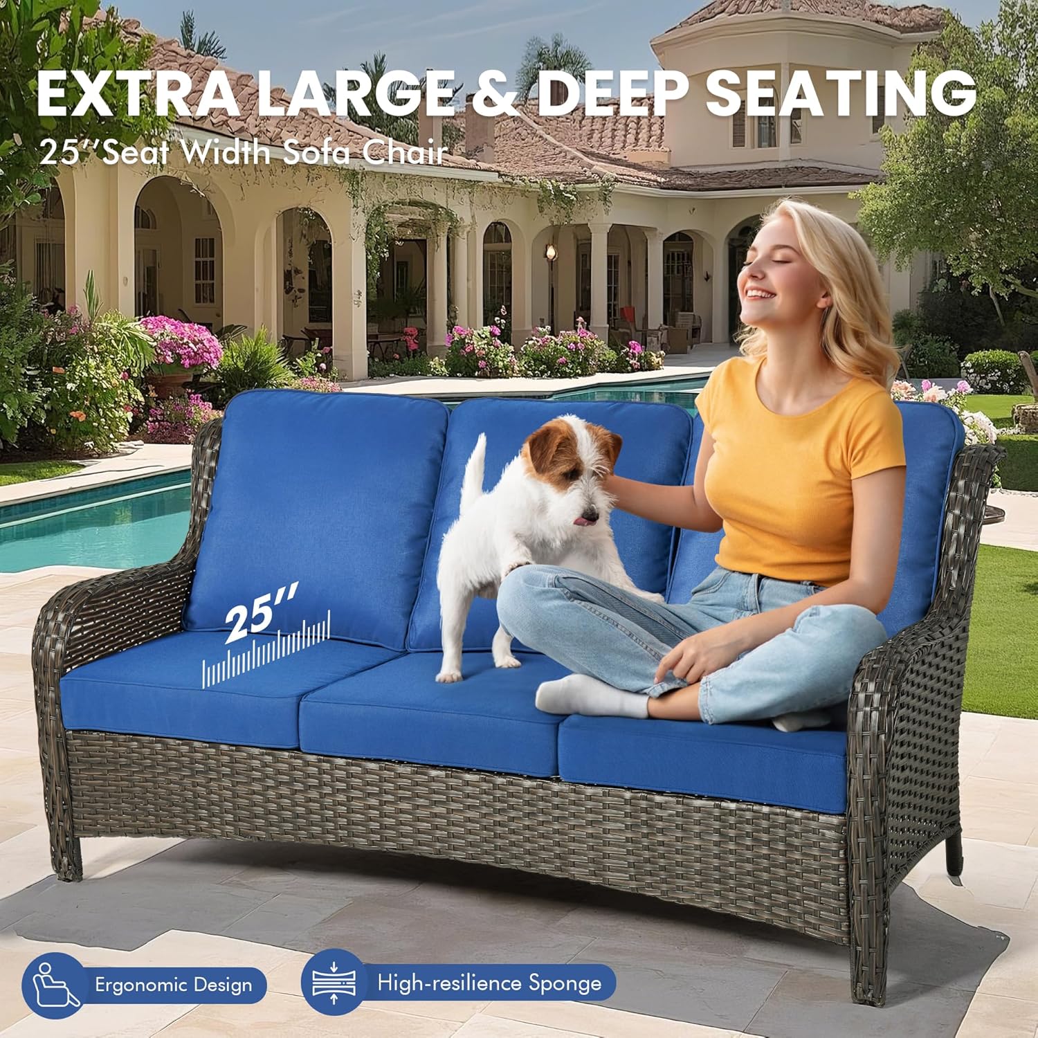 Patio Outdoor Furniture Set,Patio Seating Chair and Sofa Set (Brown Rattan,Navy Blue, 7 PCS w/ 54
