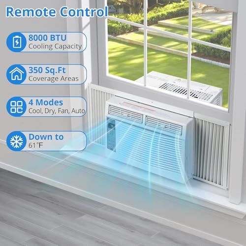 Window Air Conditioner, 8000 BTU Window AC for 370 Sq. Ft, Features Dehumidify & Fan Modes, Quiet Performance, Easy Setup, Remote Control Included, Perfect for Home and Office Use