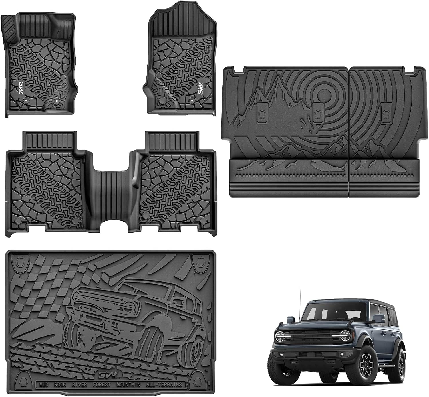 3W Ford Bronco Floor Mats & Cargo Liner & Back Seat Cover Custom Fit for 2021 2022 2023 2024 2025 Bronco 4 Door All Weather Custom Fit Ford Bronco Accessories (Not for Sport & Rubberized Floor)