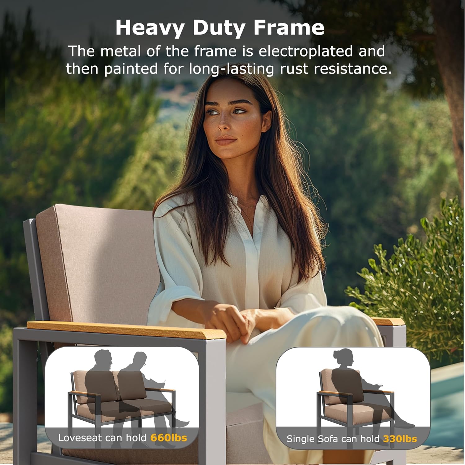 MBY 5-Piece Modern Patio Furniture Set with Fire Pit Table, Metal Outdoor Sectional with Cushions & Wood-Like Armrests, Cozy Conversation Set for Porch, Balcony, Garden, Yard-Brown