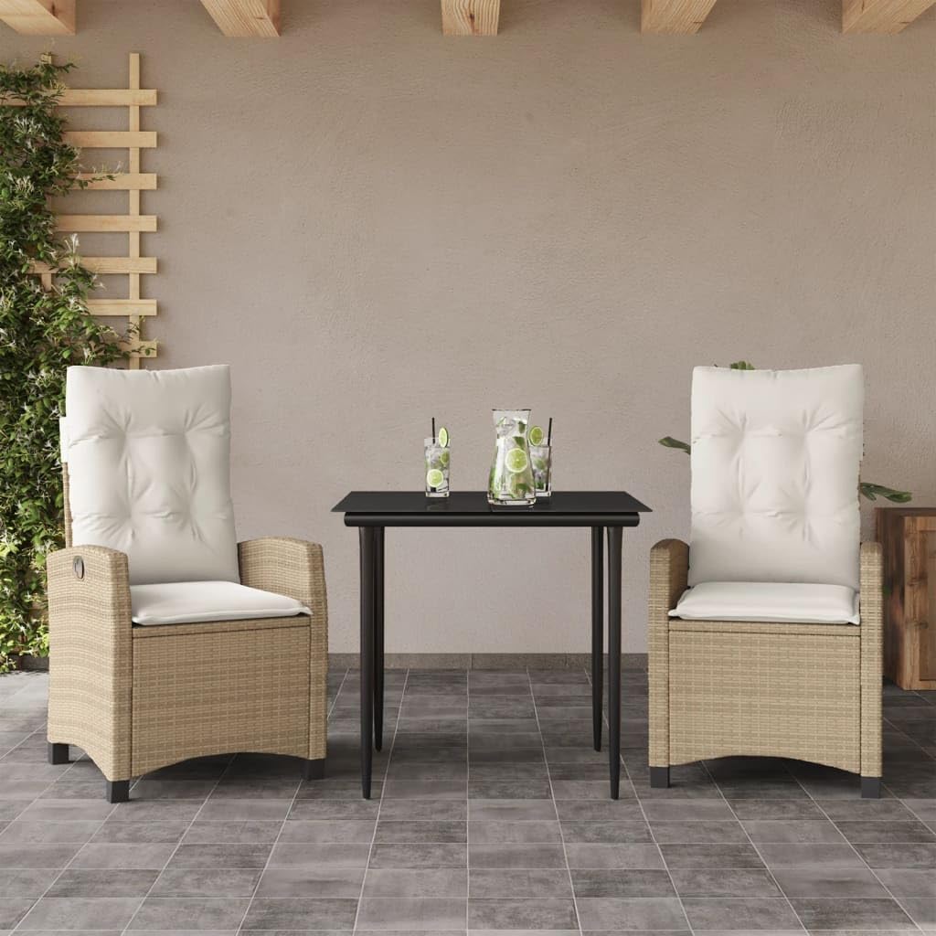 3 Piece Patio Dining Set with Cushions Beige Poly Rattan,Versatile Garden Dining Set with Adjustable Reclining Chairs and GlassTop Table Furniture Sets for Patio, Lawn & Garden