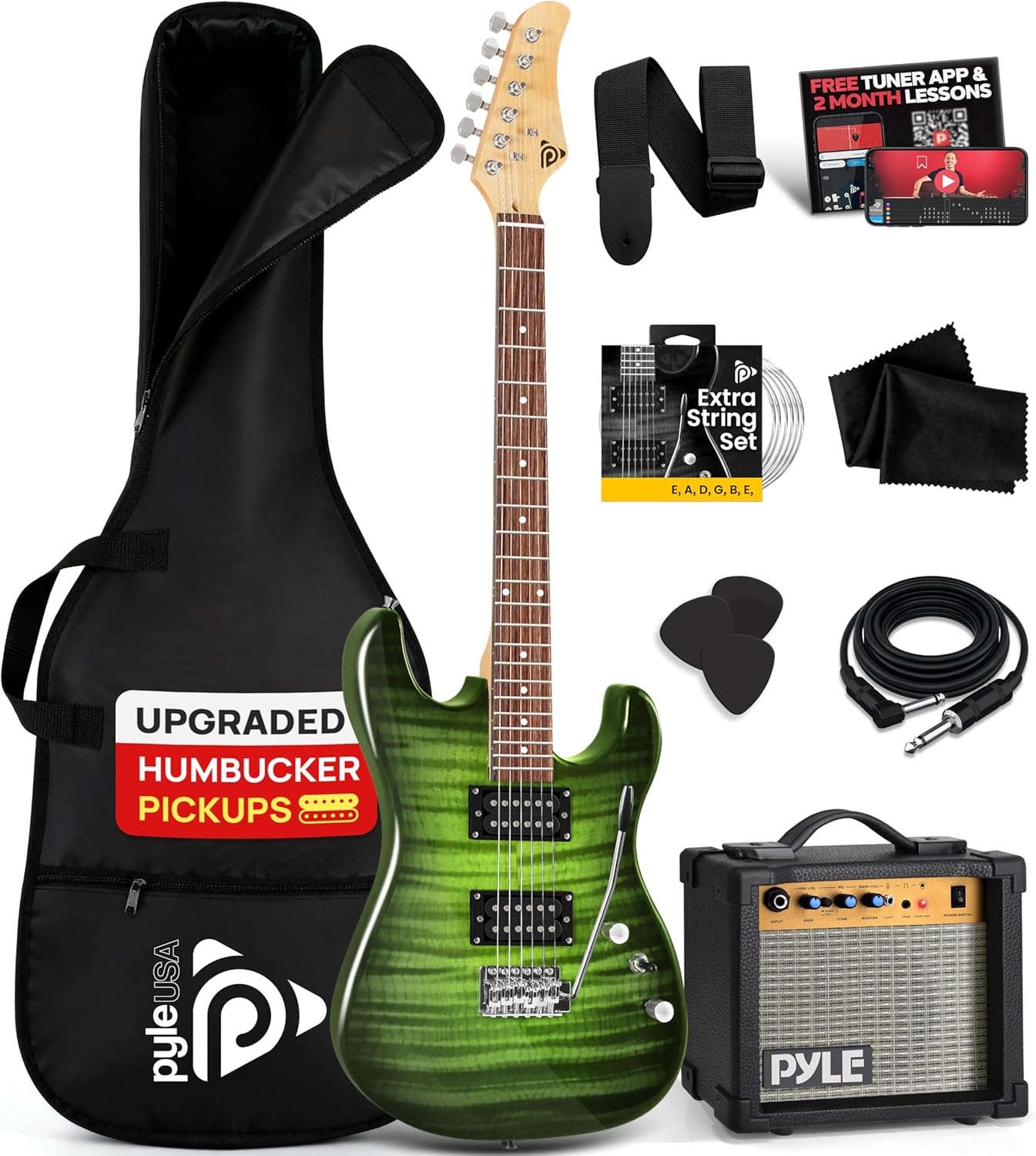 Pyle Electric Guitar Kit with Amp, Full Size Instrument with Humbucker Pickups, Guitarra Electrica Amplifier and Beginner Bundle Accessories, 39