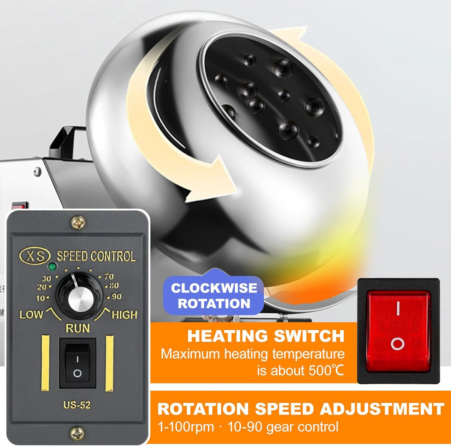 Sugar Coating Chocolate Polishing Machine | Electric Nuts & Food Drum Mixer | Chocolate Panning Machine with Hair Dryer | Stainless Steel Pot Body | Output:1-4kg/Time | Adjustable Speed