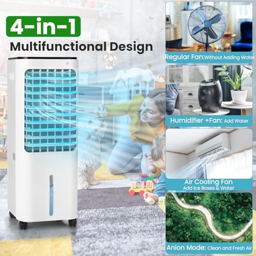 KOTEK 4-In-1 Evaporative Air Cooler, Portable AC Fan with 4 Modes, 3 Speeds, 7H Timer, 12L Water Tank 4 Ice Packs & Remote Control, Air Conditioner Fan for Home Office Indoor Use