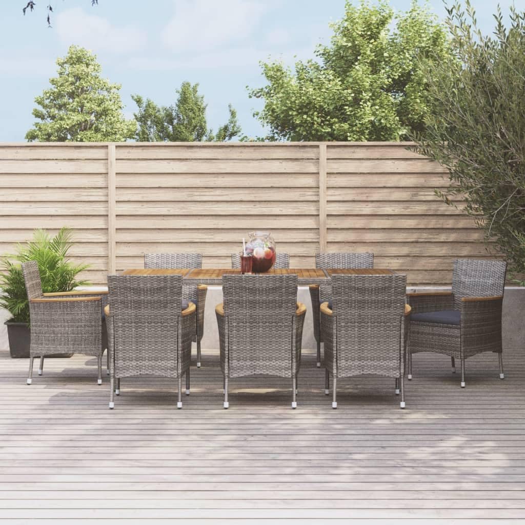 9 Piece Patio Dining Set with Cushions Gray Poly Rattan,Outdoor Dining Set with Grey Wicker Chairs and Acacia Wood Table for Patio, Garden, and Backyard Patio Furniture Sets, Outdoor Furniture Sets
