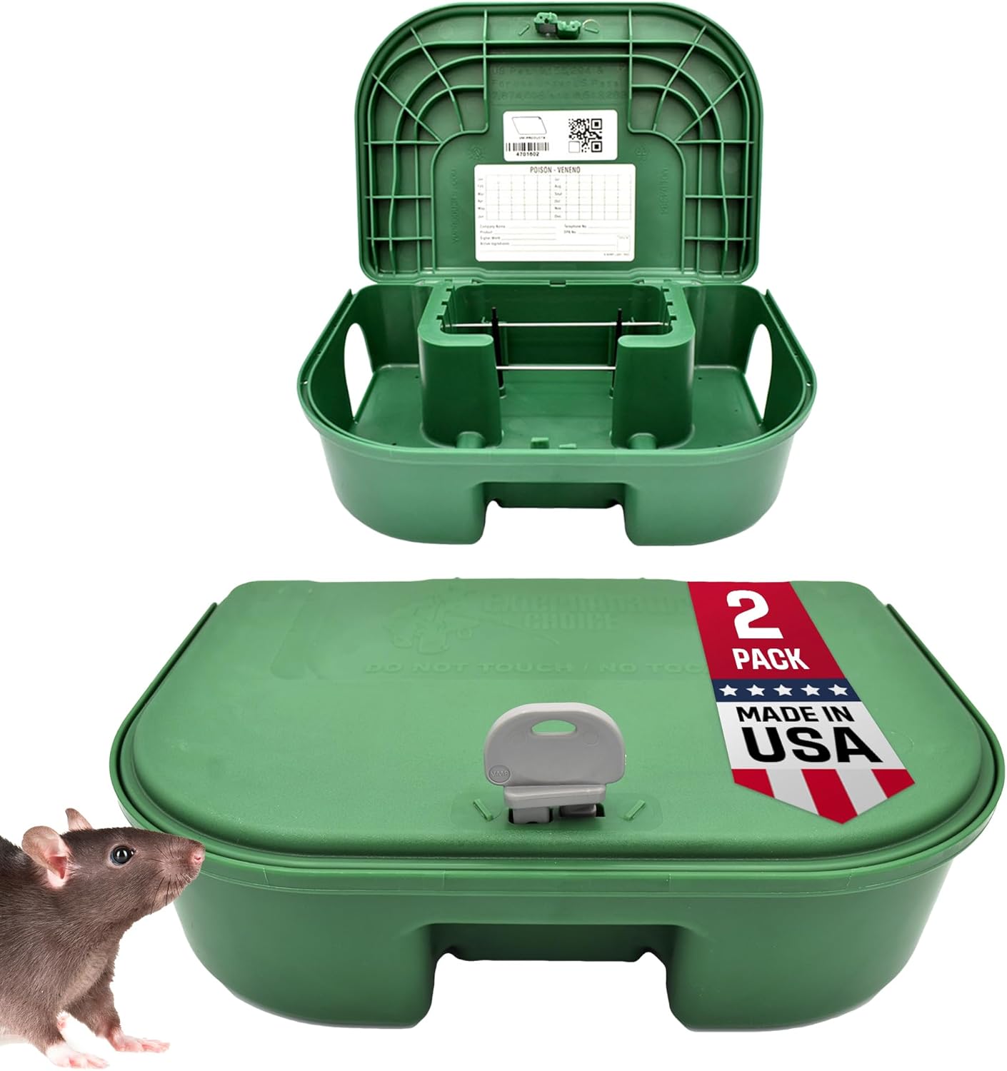 Exterminators Choice Rat Bait Stations - 2-Pack Large Green Bait Boxes - Heavy-Duty with Secure Lock & Key - Outdoor Use for Rats & Mice