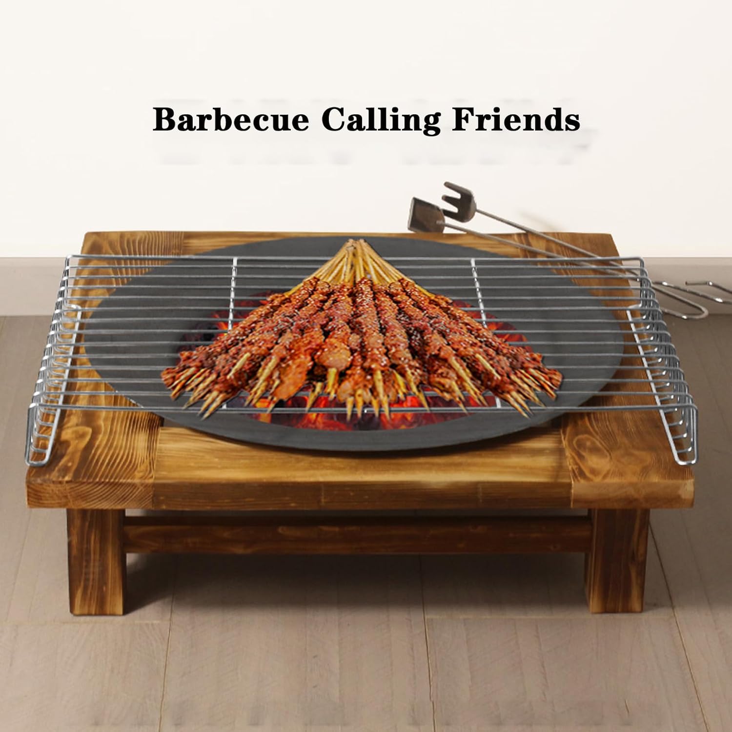 BNEI Tabletop fire Pit, Chinese Exquisite Appearance, Log Base, Pig Iron Material, Including Barbecue net, Charcoal Clips, Pot Holder