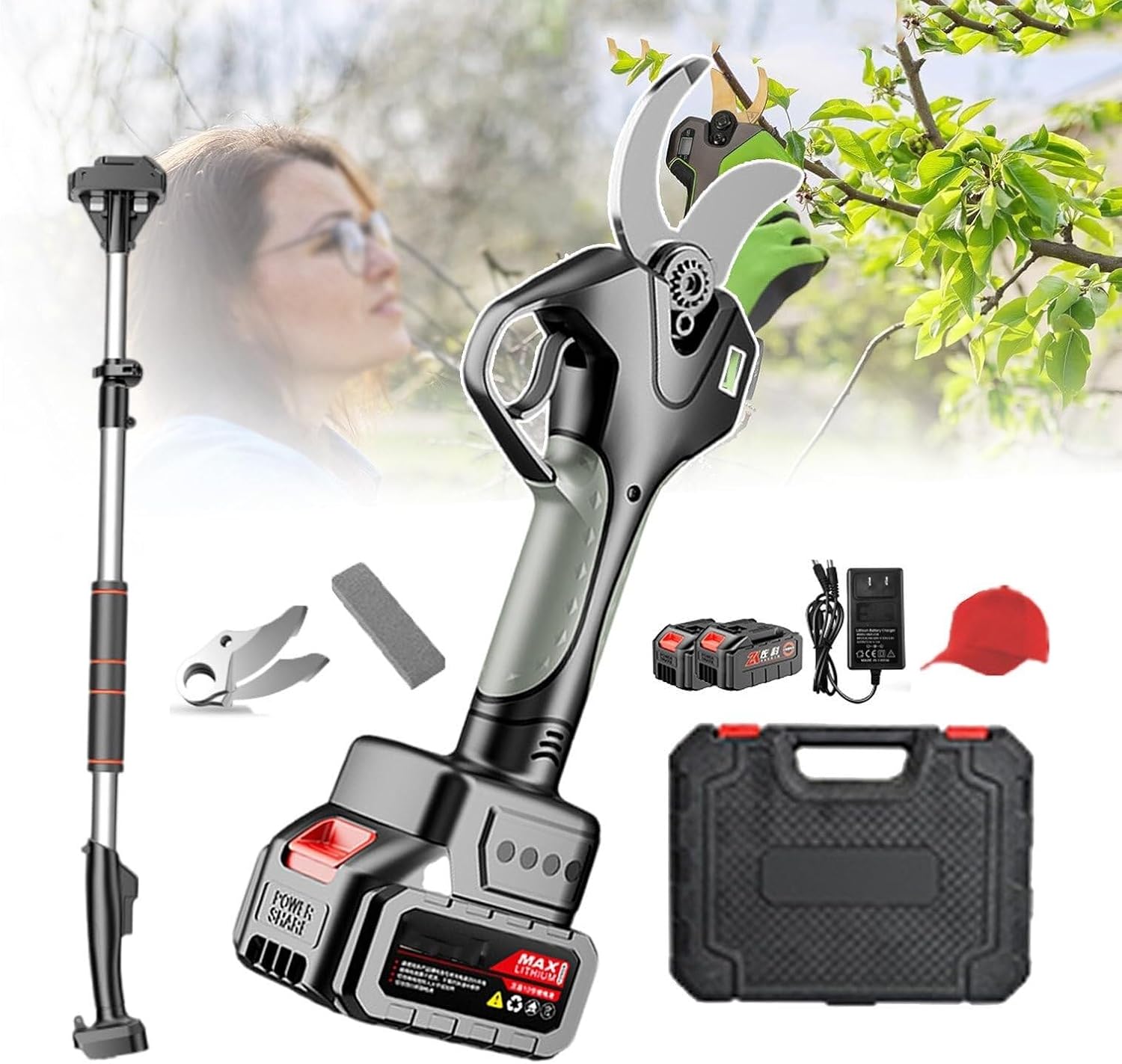 Electric Pruning Shears + Telescopic Handle, Garden Secateurs with 2* Battery and Tool Box, Professional Electric Tree Trimmer for Farms
