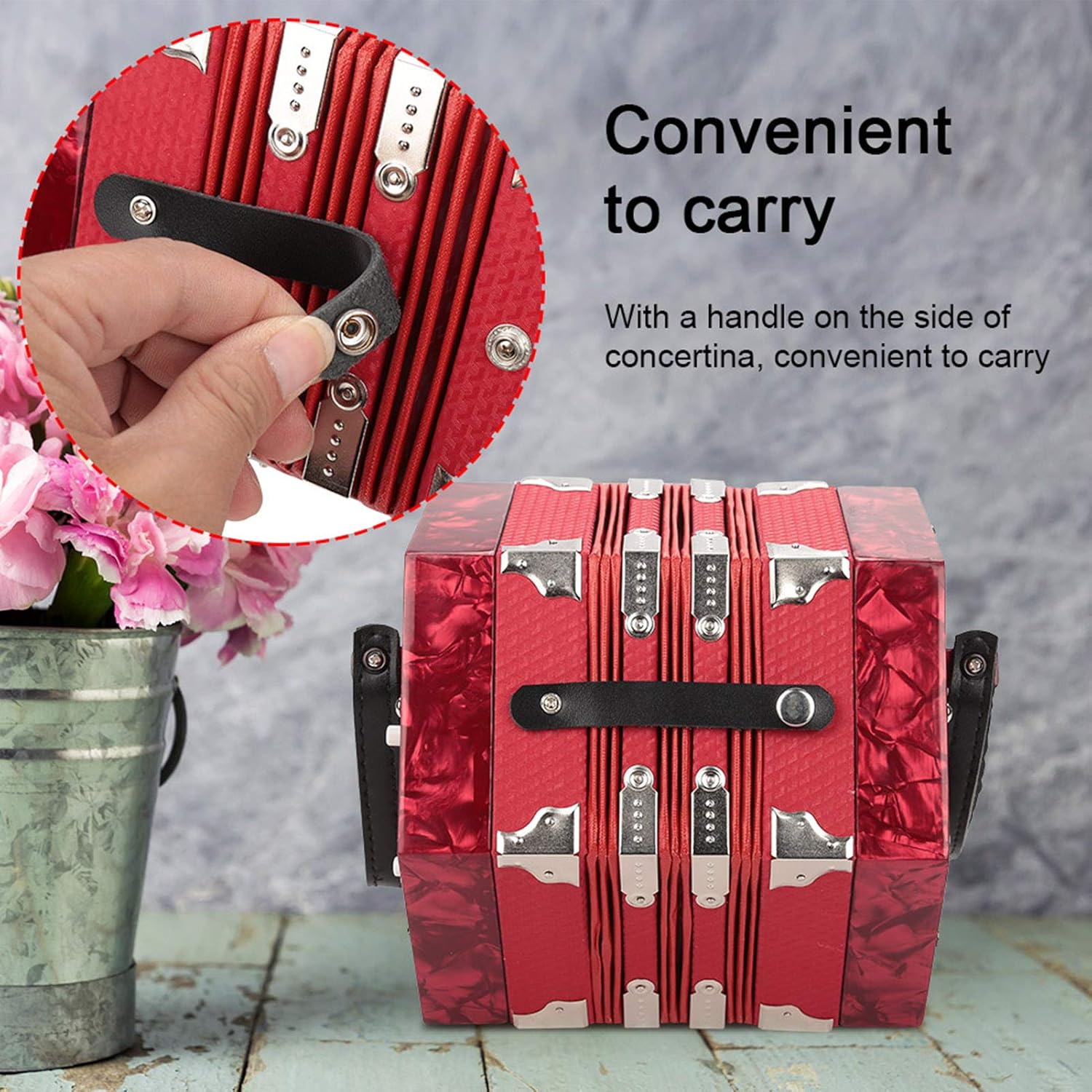 Accordion Concertina 20 Buttons, for Adults ABS Material Buttons Accordion Musical Accessories with Adjustable Straps and Bag 20.5 X 23.5 Cm (red)