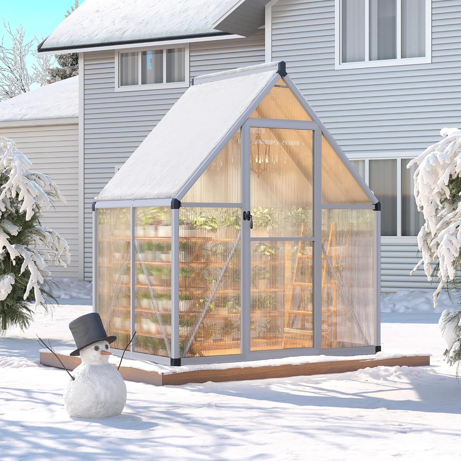 6 x 4 ft Greenhouse, Polycarbonate Walk-in Greenhouse with Aluminum Frame, Adjustable Roof Vent and Lockable Door, Green Houses for Outside, Garden, Backyard and Patio, Easy Assembly