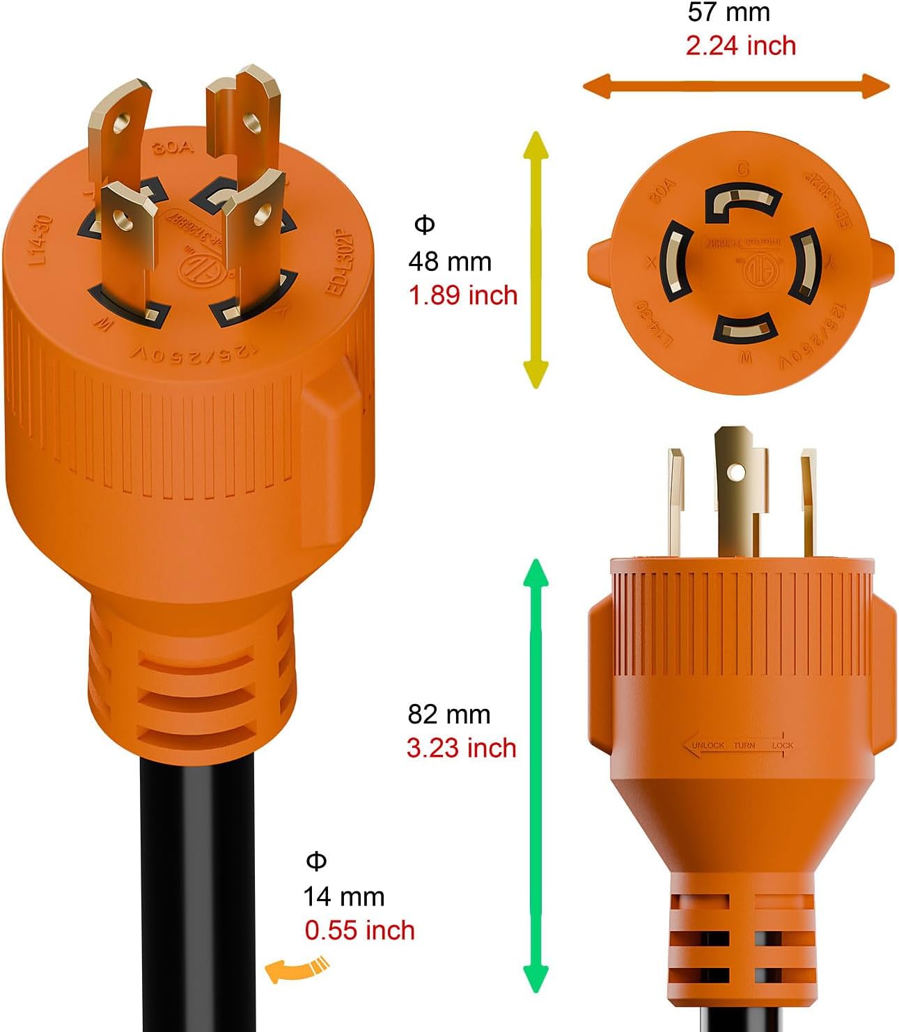 15ft Nema L14-30P Waterproof RV 30Amp Power Inlet Box and L14-30P Extension Cable 15FT, ETL Listed 30A Generator Power Inlet, Outdoor use L14-30 30A 125V 3750W Inlet Box with LED Light AC0067