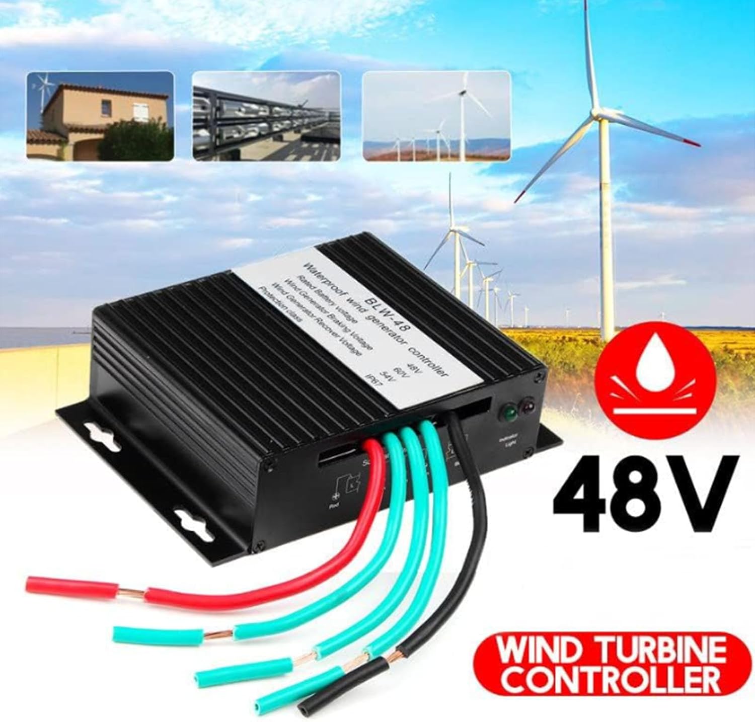 Black,48V, MPPT Wind Turbine Controller, IP67 Wind Generator Controller, 100W-3000W 12V 24V 48V 220V Low Voltage MPPT Boost Controller with LED Indicator