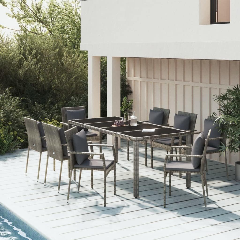 9 Piece Patio Dining Set with Cushions Gray Poly Rattan,Trendy Outdoor Dining Set: Enhance Your Garden with Style and Comfort Patio Furniture Sets, Outdoor Furniture Sets