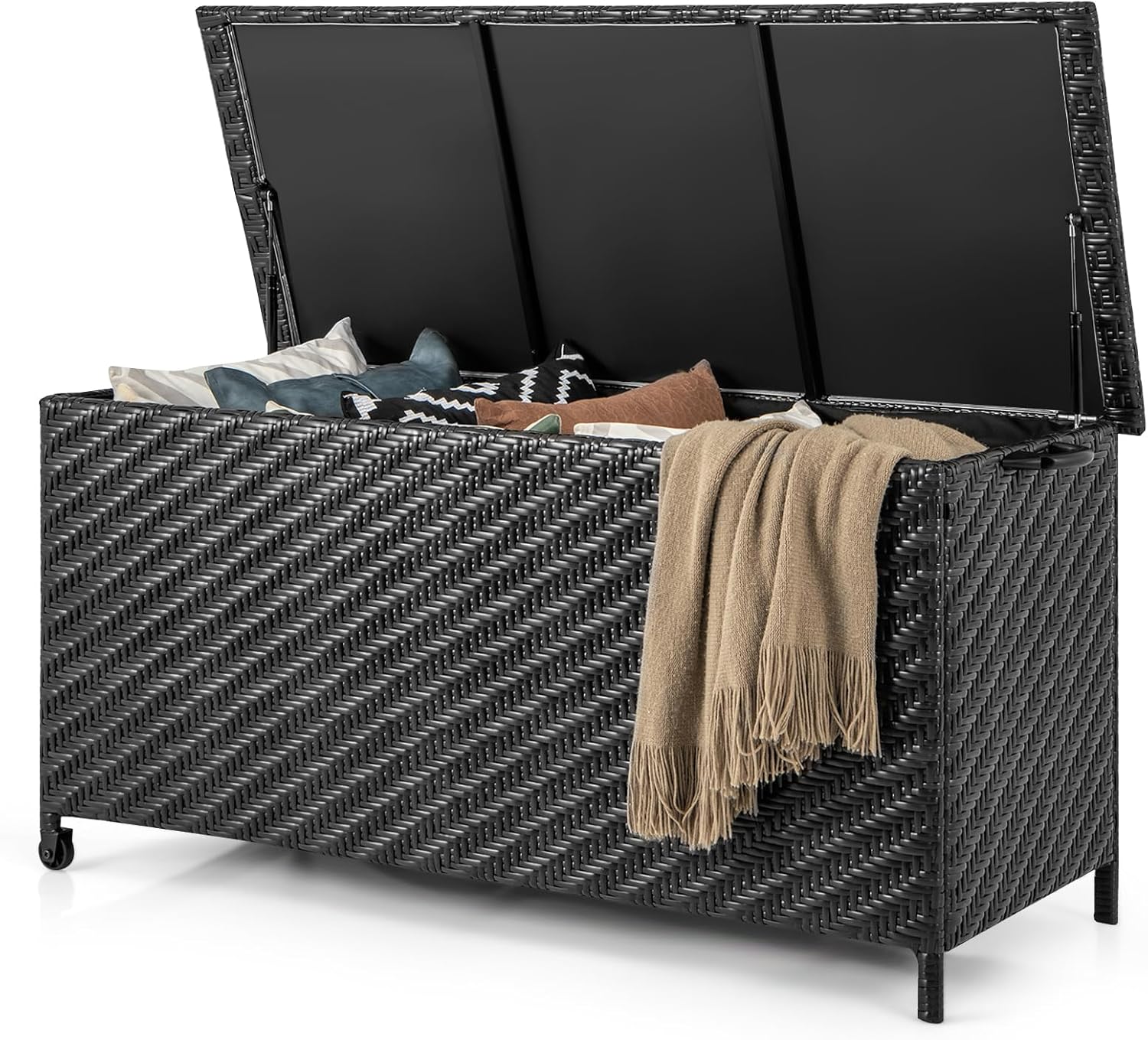 Tangkula Tightly-Woven Rattan Deck Box, Patiojoy Storage Cabinet Container with Polyester Liner, Universal Wheels & Gas Strut, 85 Gallon Indoor Outdoor Storage Box for Pillows, Cushions (Black)