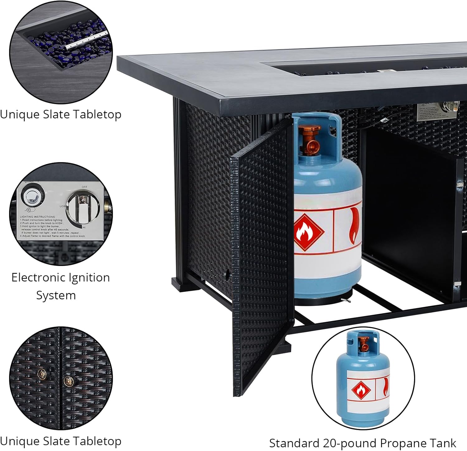 52 Inch Outdoor Gas Fire Table, 50,000 Btu Propane Rattan Fire Pit with Cover, Large Rectangular Fireplace with Rain Cover for Balcony Backyard Garden