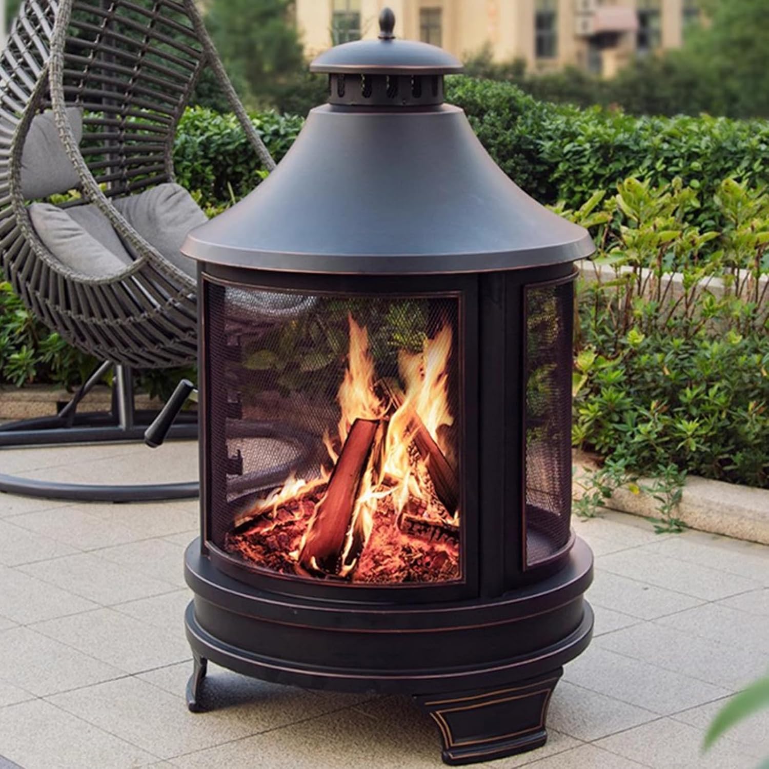 Metal Chiminea Fire Pit, Wood Burning Fire Pits with Grill, Mesh Spark Screen Doors & Fire Poker, 30 Inch Large Fire Pits for Camping, Backyard, BBQ, Garden, Bonfire