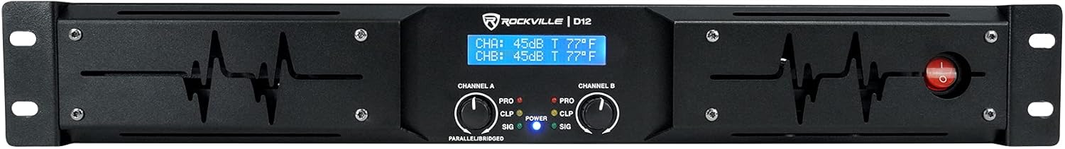Rockville D12 5000W Peak/1400W RMS 2-Channel Class D Amplifier, LCD Display, Crossover Switch, Rack-Mountable, 4/8 Ohm Power Output, for DJs and Live Sound