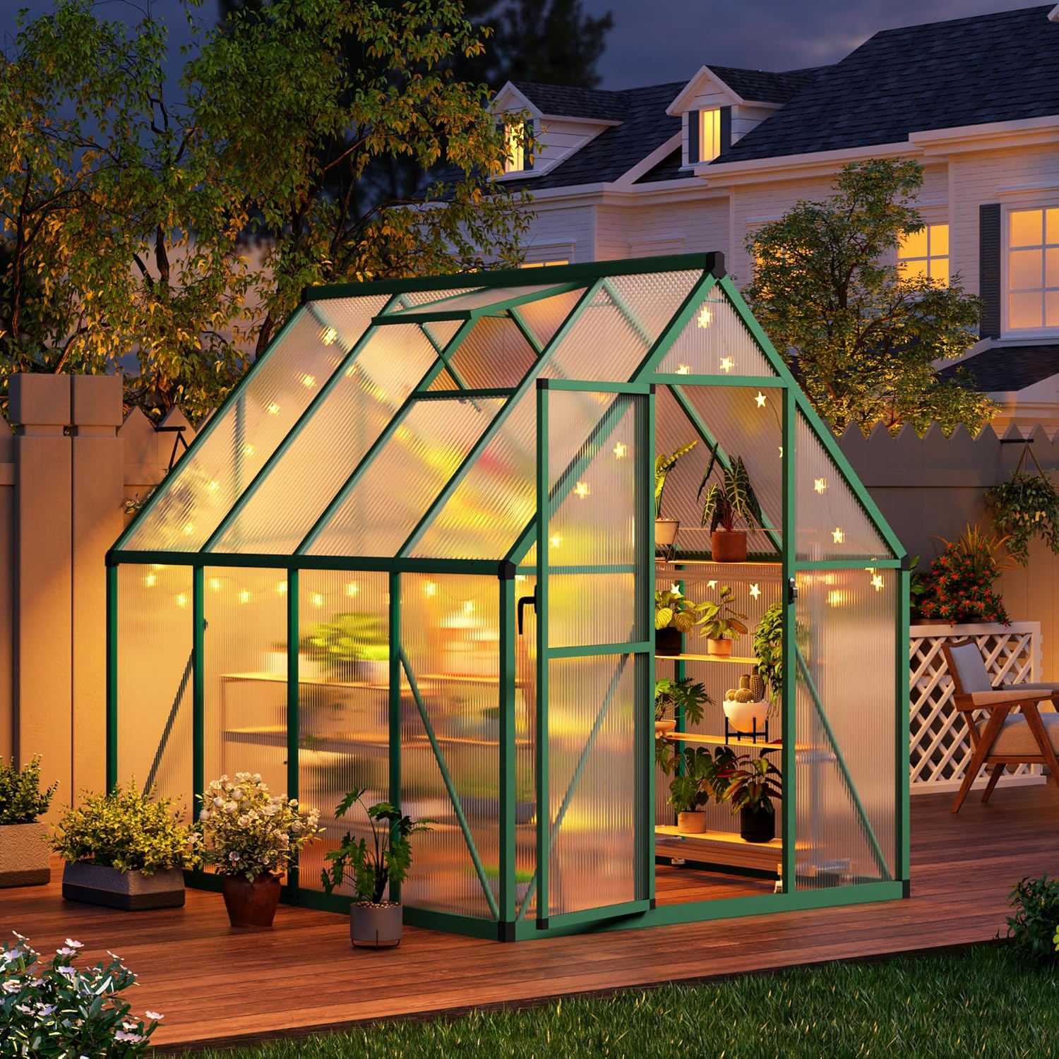 CABIHOME 6x7 FT Outdoor Greenhouse, Polycarbonate Greenhouse with Roof Vent and Ground Nails, Aluminum Large Walk-in Green House w/ Lockable Push Door for Outside Garden Backyard (Green, 6x7 FT)