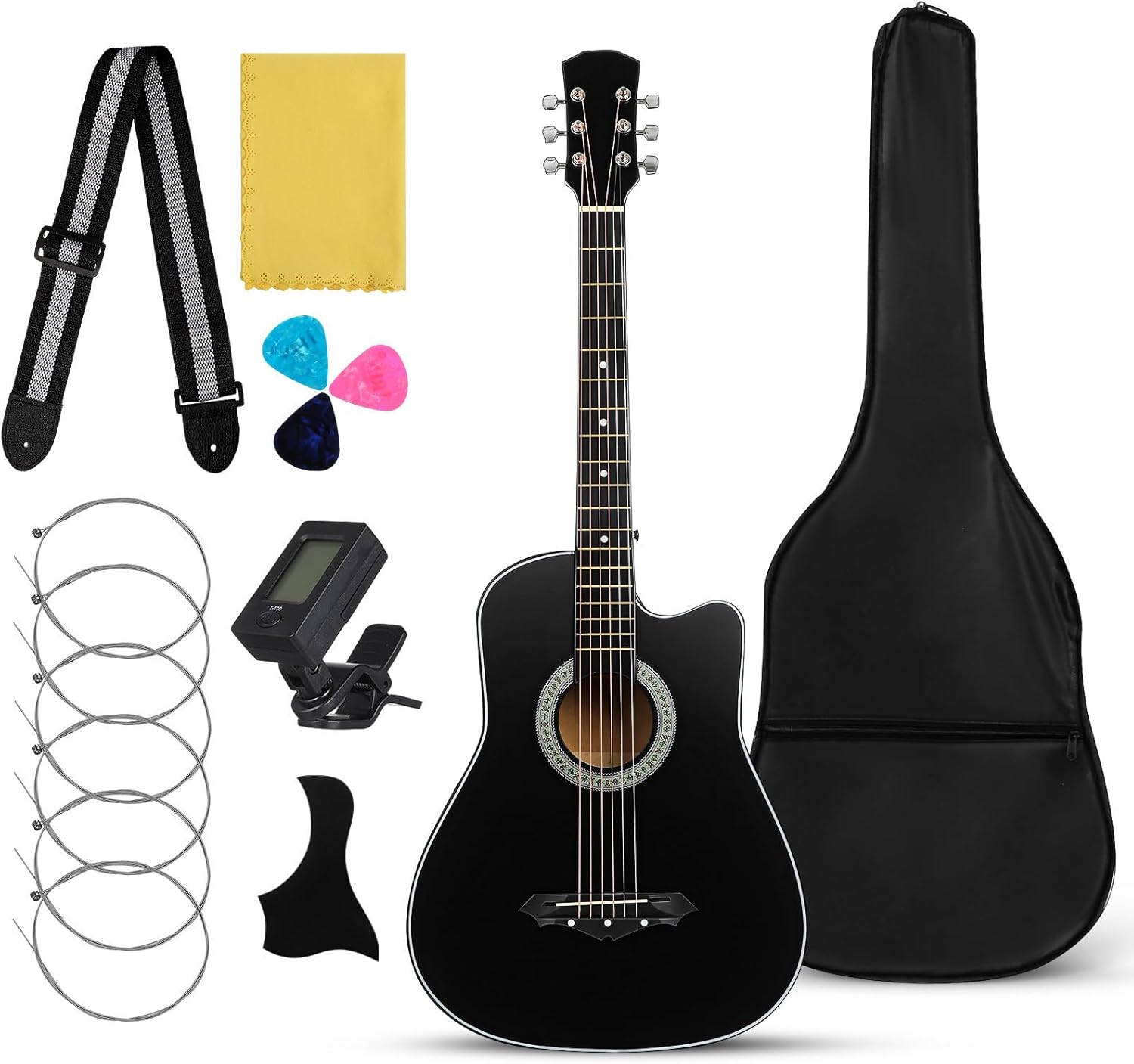 Beginner Acoustic Guitar: 38 Inch Basswood Guitar Basic Starter Kit with Gig Bag, Picks, and Protective Plate - Musical Instrument Present