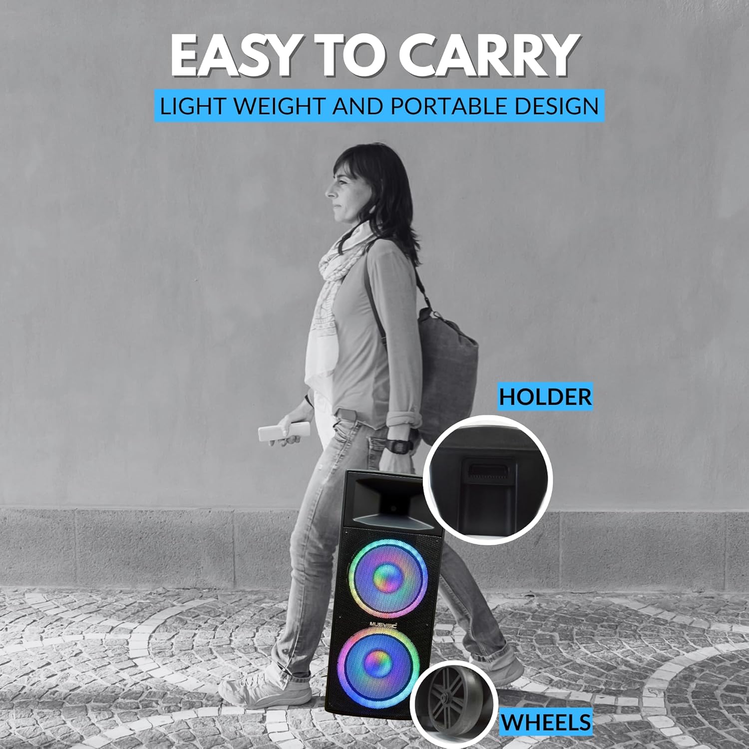 MUSYSIC Portable PA Speaker System w/Bluetooth – Built in 4000W PMPO Amplifier with LED Party Lights Bluetooth, FM, USB, SD 1/4“Inputs PA System – 2 X 15” Subwoofer Speaker