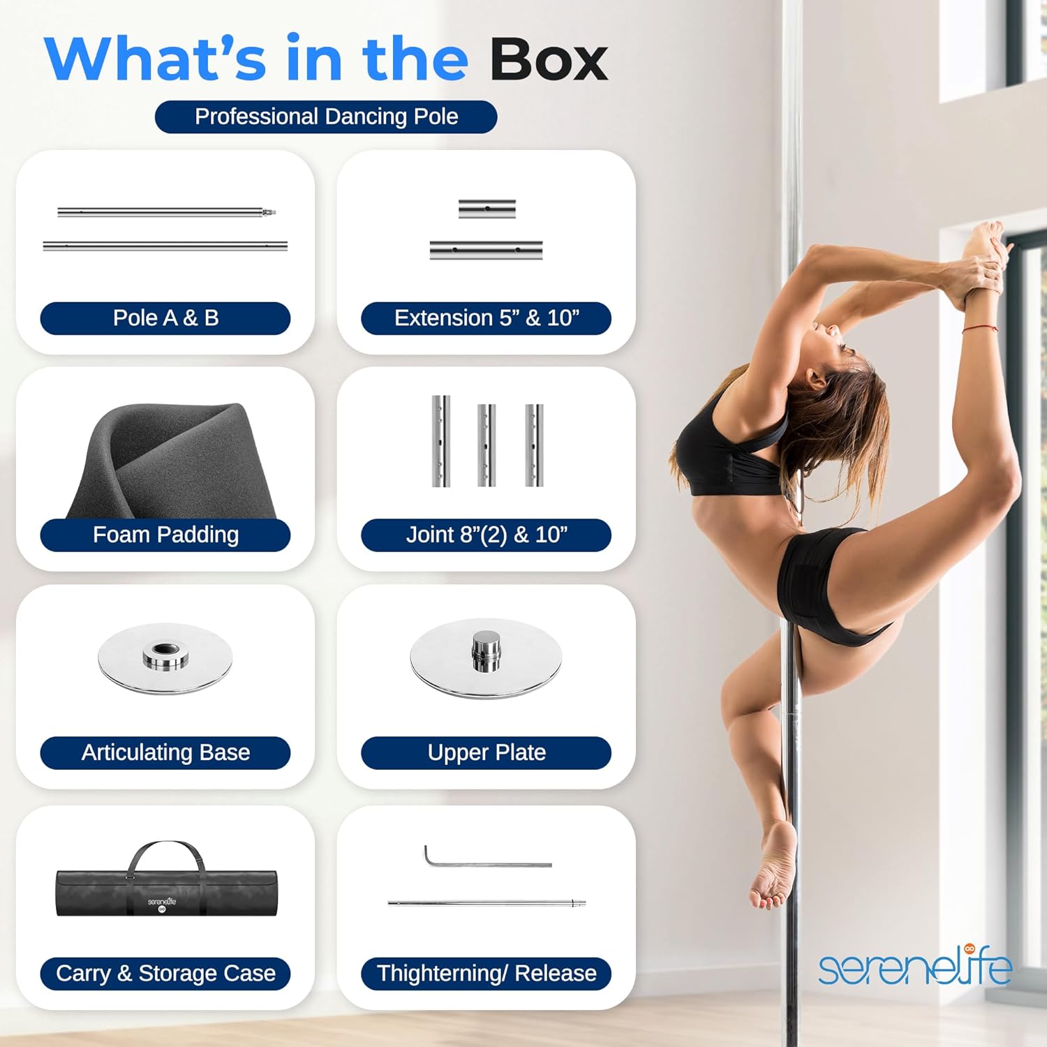 SereneLife Professional Non Slip Dancing Pole Set, Adjustable Height, Adjustable Fitness Pole, Great for Training Dancing and Exercise, Comes with Complete Set of Accessories, Easy Setup