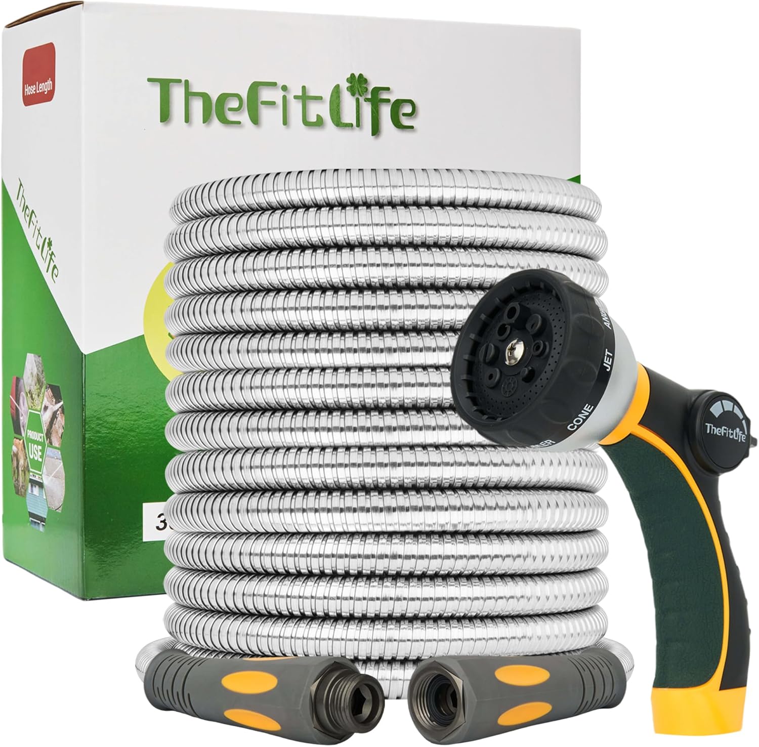 TheFitLife Flexible Metal Garden Hose - 100FT Lightweight Stainless Steel Water Hose with Solid Fittings and Sprayer Nozzle - Leak Proof, Kink Free, Anti-rust, Large Diameter, Durable and Easy Storage