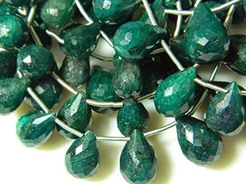 green corundum briolette lot, emerald beads, faceted tear drop beads, 6x10mm to 10x15mm each, 5 strands