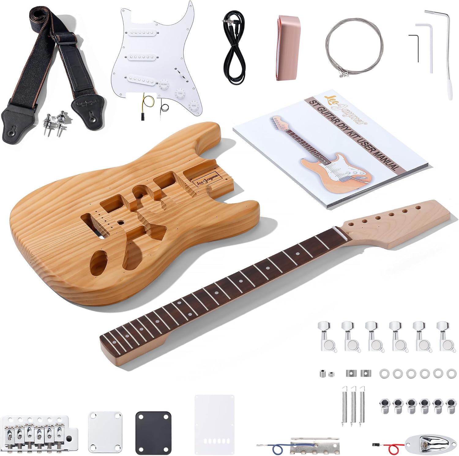 Leo Jaymz DIY ST Style Electric Guitar Kits with Roasted Pine Body and Maple Neck - Laurel Wood Fingerboard,Strap and All Components Included (ST Roasted Pine)