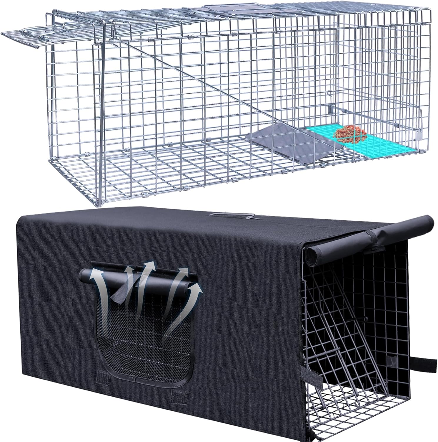 Live Animal Trap Cage with Cover, Cat Trap for Stray Cats 42 Inch Heavy Duty Folding Skunk Traps with Real Door for Raccoons, Opossums, Groundhogs, Skunks, Feral Cats, Squirrels
