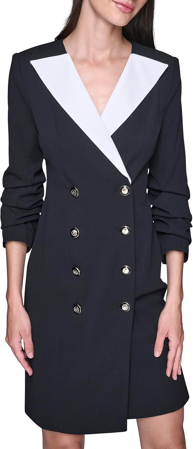 Karl Lagerfeld Women's Scrunched Sleeve Contrast Lapel V-Neck Scuba Crepe Blazer Dress