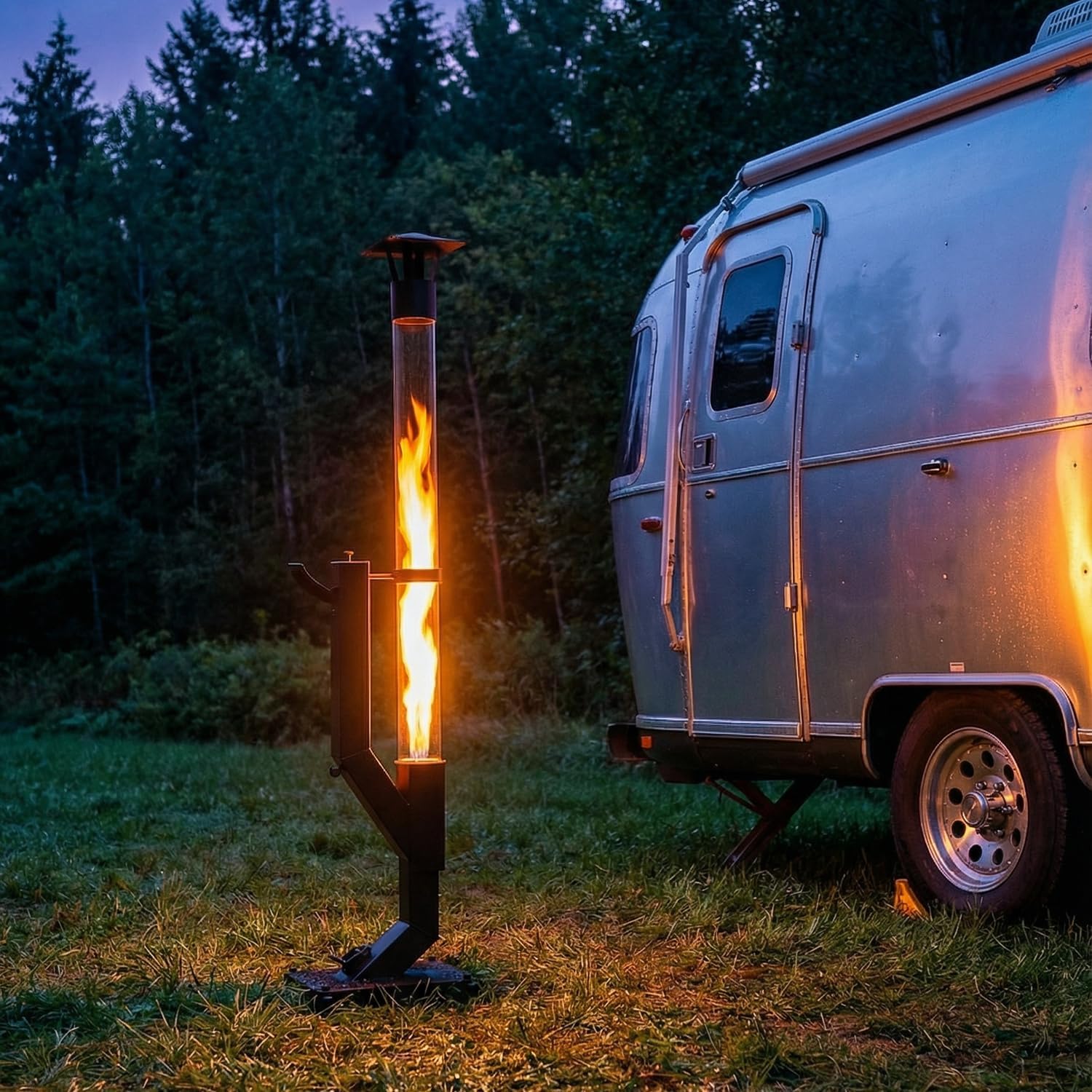 Smokeless Wood Pellet Patio Heater with Rain Cap, 64 Inch Spiral Flame Fire Pit for Outdoor/Garden/Backyard, Anti-Tip Steel Base & Adjustable Feet, 2+ Hrs Burn & Removable Ash Pan with Wheel