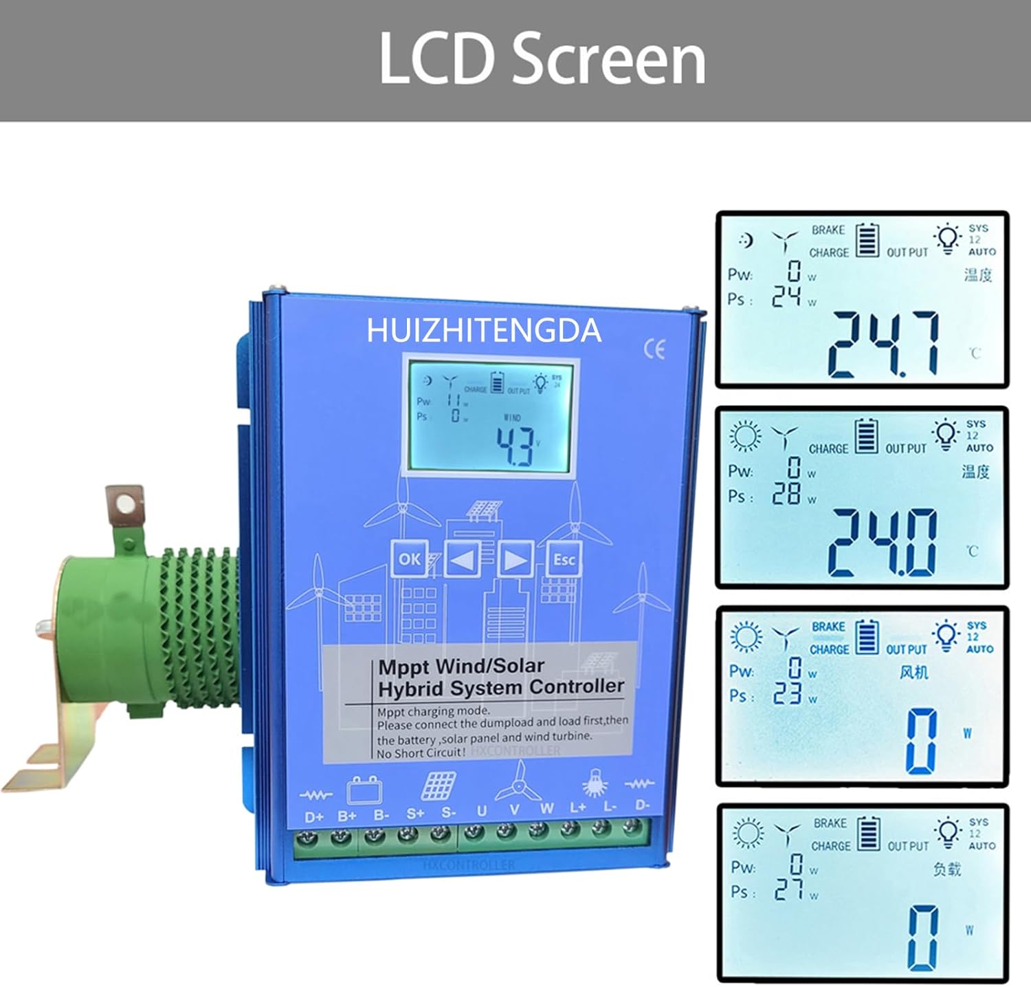 1400W MPPT Wind Solar Hybrid Charge Controller for 1000W Wind Turbine and 400W Solar Panels( 12V/24V/48V),24v
