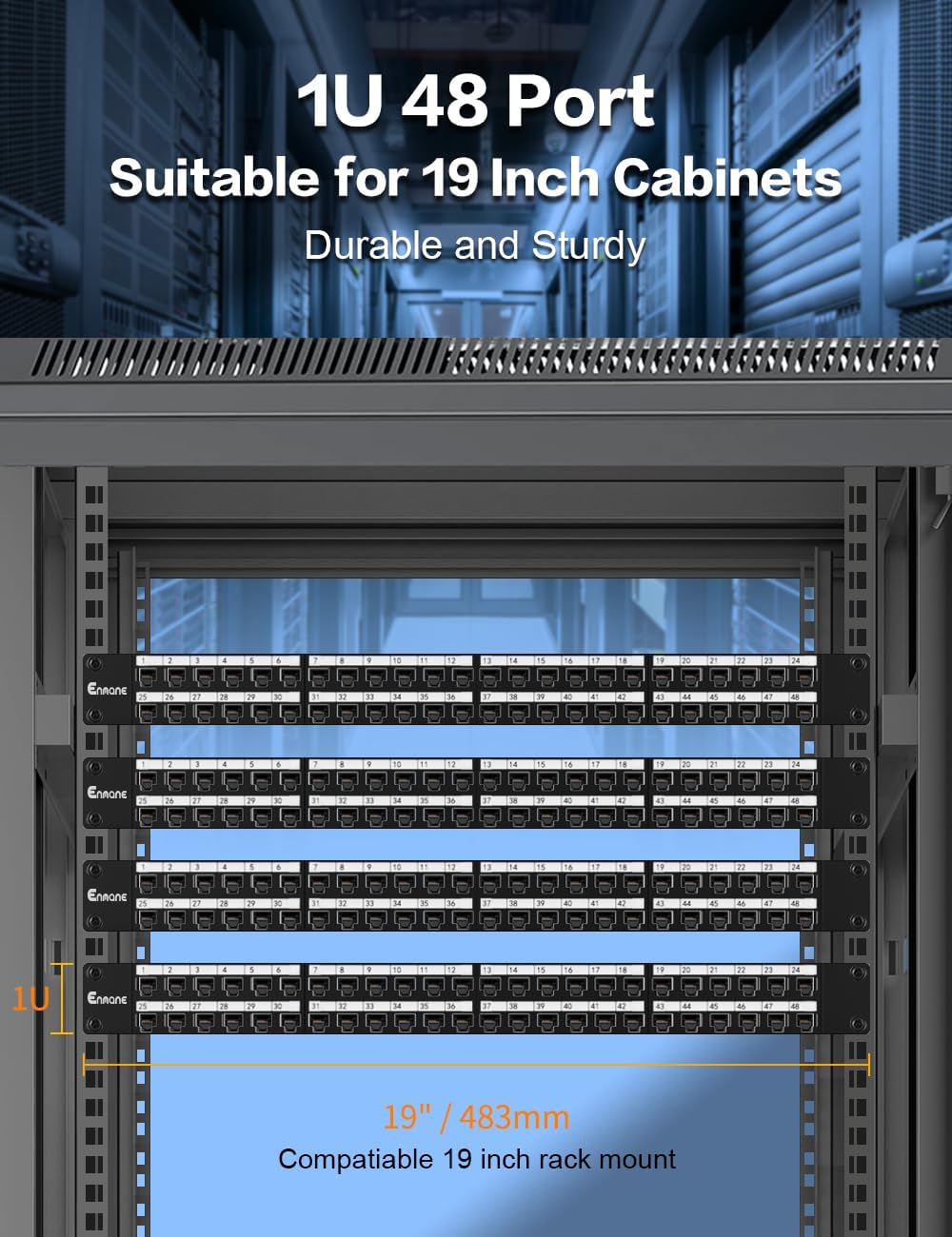 1U 48 Port Patch Panel Cat6 RJ45 Passthrough Patch Panel (EC Listed) UTP with Smart Cable Management for 19inch Rackmount