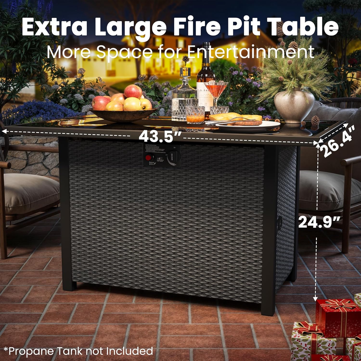 43-Inch Propane Fire Pit Table, Rattan Rectangular Outdoor Gas Fire Pit W/Glass Wind Guard, Tempered Glass Tabletop & Lid, CSA Listed, 60,000 BTU, 304 Stainless Steel H-Burner, for Outside Patio,Black