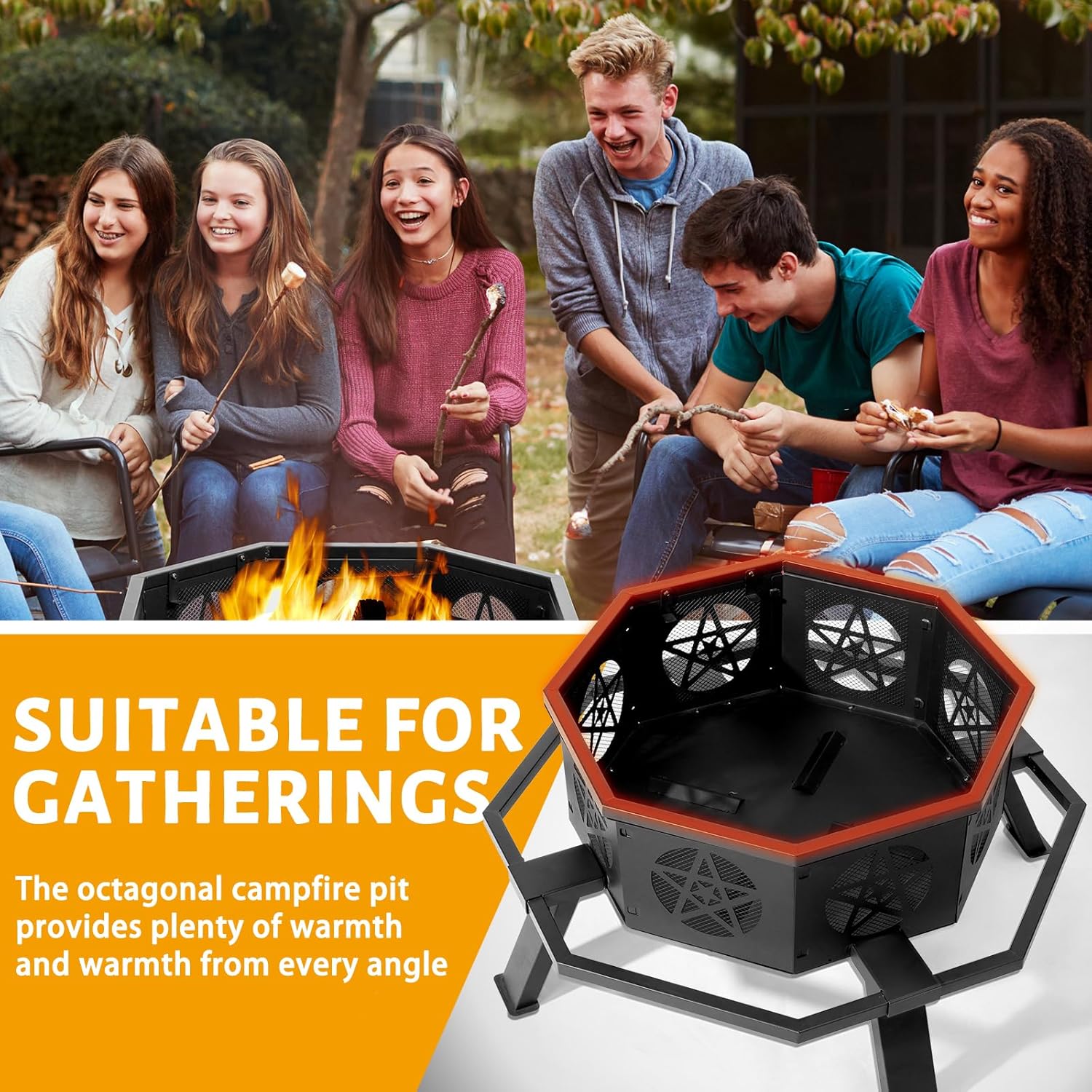 35 inch Fire Pit for Outside, Heavy Duty Wood Burning Fire Pits with Fire Poker, Outdoor Octagonal Firepit for Camping, Yard, Patio