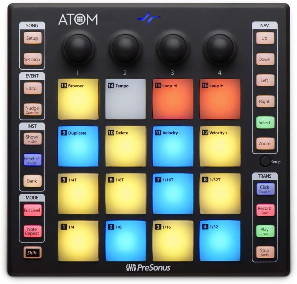 PreSonus ATOM Production/MIDI Pad Controller for USB/iPad & iOS | Eris 4.5 Pair Monitors, 24 Pack Acoustic Soundproof Foam Wedge Sound Insulation Panels + 3.5mm / TRS to Dual 1/4
