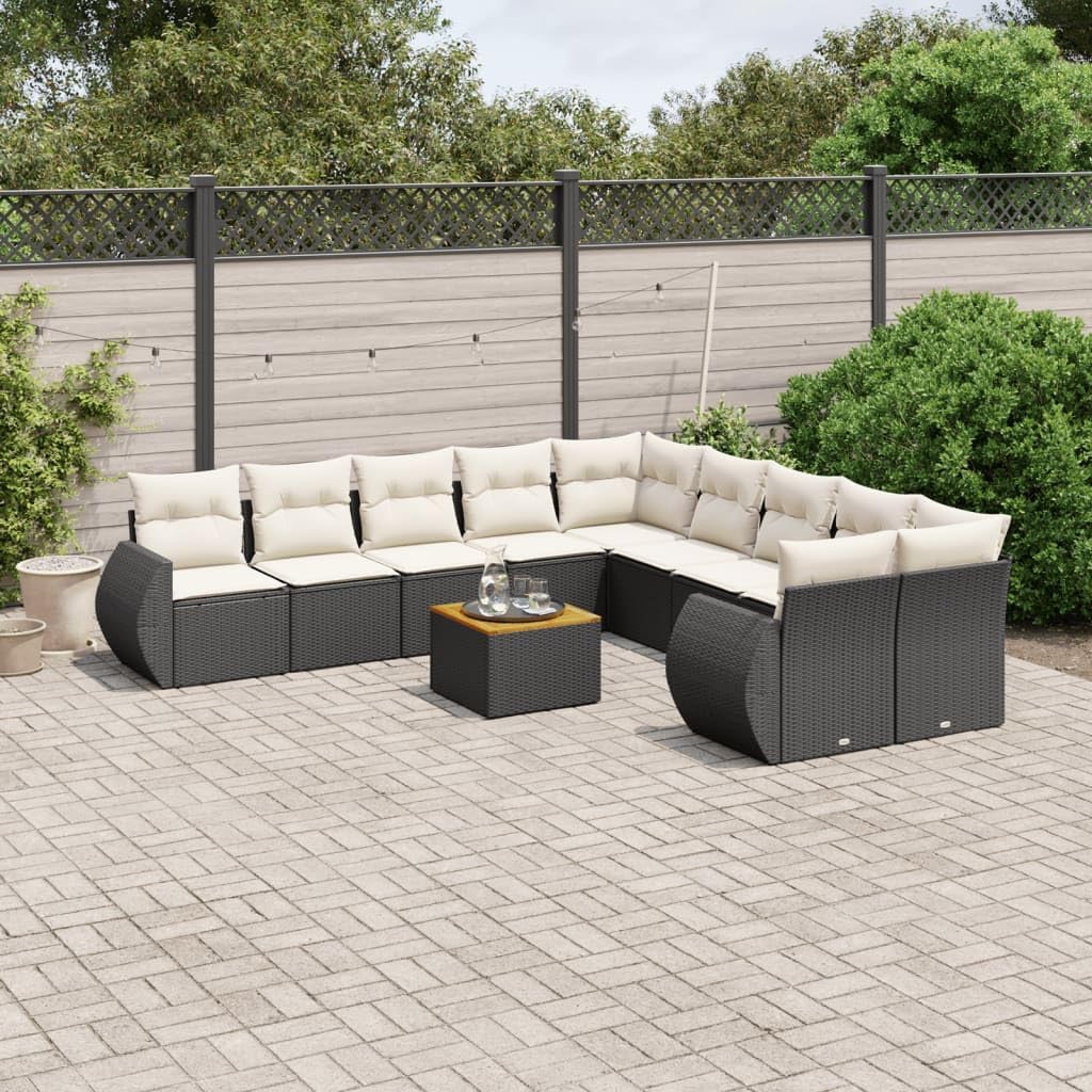 11 Piece Modular Garden Sofa Set, Black and Cream PE Rattan Patio Furniture Set with Storage, Outdoor Dining Table and Chairs for 10 People