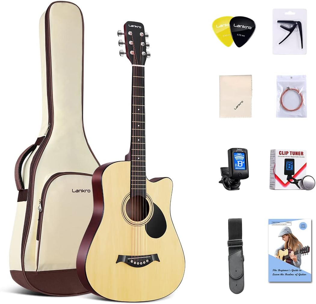 38 in Guitar Acoustic Guitar Beginner kit Adult Cutaway Acoustic Guitar Guitarras Starter Set Bundle with Padded Gig Bag, Strap, Capo, Strings, Picks