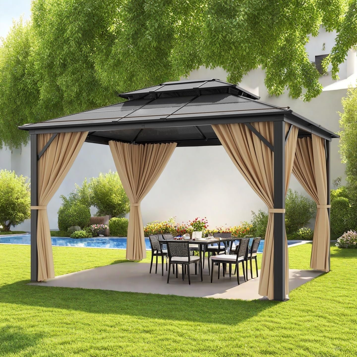 10x12 ft Aluminum Frame Gazebo,Outdoor Double Roof Canopy with Galvanized Steel,Permanent Metal Pavilion with Netting and Curtains for Patio/Parties/Wedding/Camping/Gardens/Deck/Lawns(Brown+Khaki)