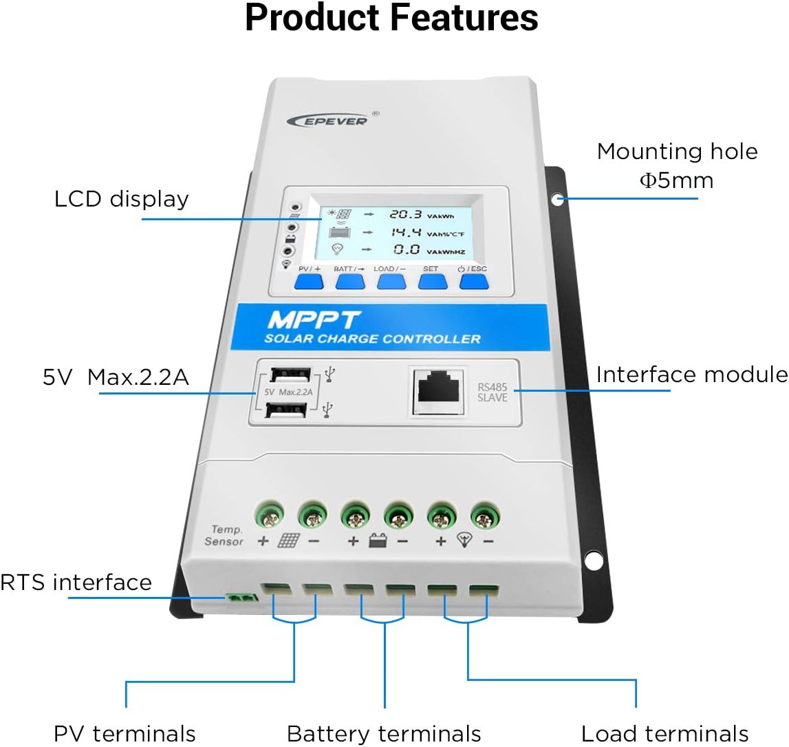 EPEVER 40A MPPT Solar Charge Controller Max. PV 150V Solar Panel Charge Regulator with LED&LCD Display Double USB Port and MT50 Remote Meter Temperature Sensor RTS & PC Communication Cable RS485