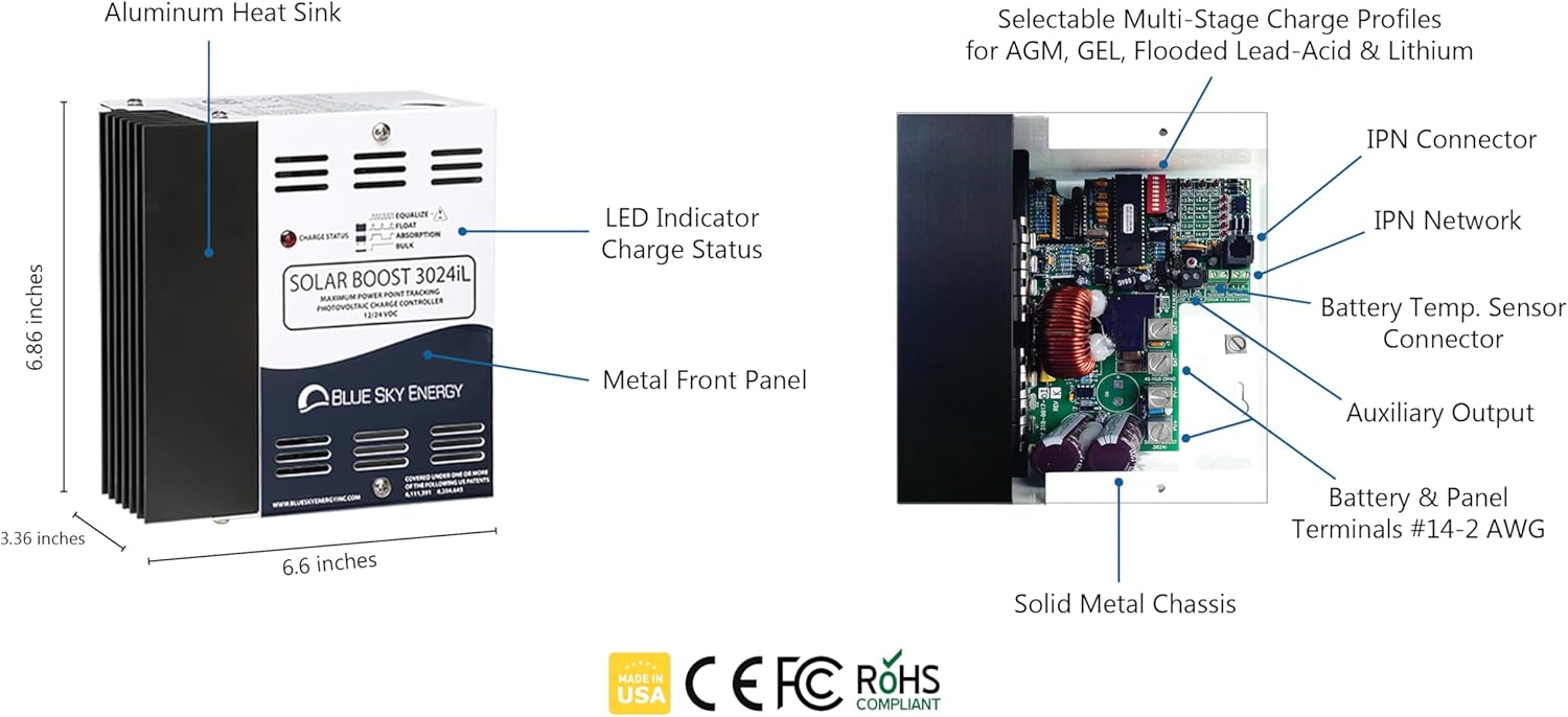 Solar Boost SB3024iL MPPT Charge Controller 40A/30A, 12V/24V Battery. Auxiliary Output for Dual Battery Charge or 20A LVD Load Output