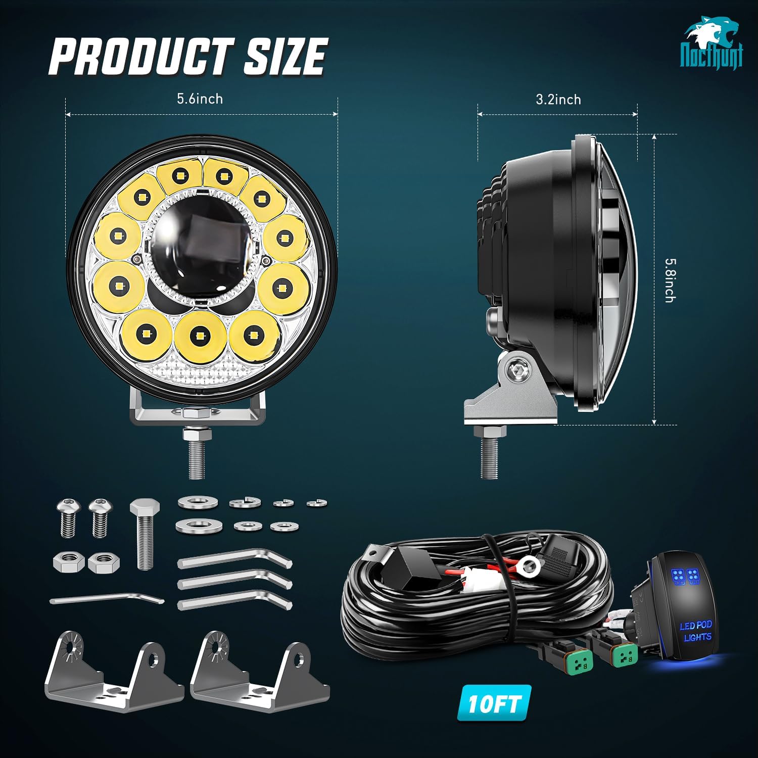 Nilight LED Light Pods 5.75 Inch 12LED Round Offroad Driving Lights 2 PCS night vision Super Bright Spotlights w/16AWG Rocker Switch Wiring Harness Kit for Truck ATV UTV