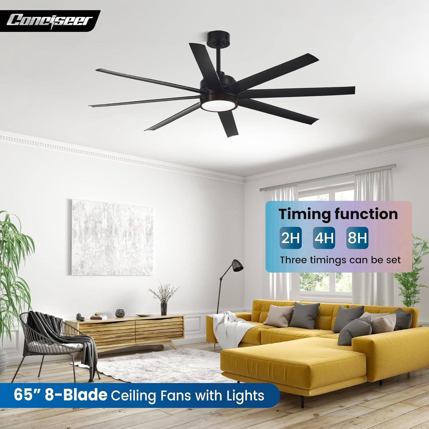 Modern Ceiling Fans with Lights, 65 Inch Ceiling Fan with Light and Remote for Bedroom Living Room Kitchen Office, Indoor/Outdoor Use, 24W 3CCT 8 Blades 6 Speed Reversible Quiet DC Motor, Black