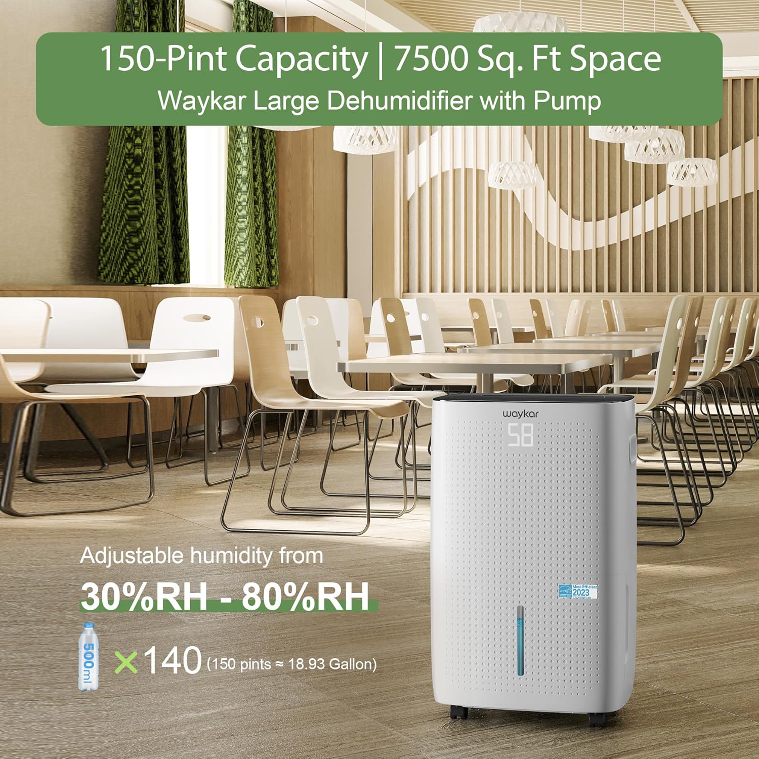 Waykar 150 Pints 7,500 Sq. Ft Energy Star Dehumidifier with Drain Hose for Commercial and Industrial Large Rooms, Home, Basements, Storages, Warehouses and Bedrooms