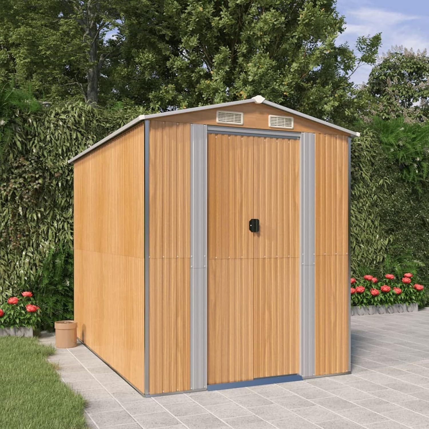Garden Shed Garden Tool Storage Shed with Vent, Outdoor Galvanized Steel Storage House Storage Organizer with Door for Backyard, Garden, Patio, Lawn - Light Brown 75.6