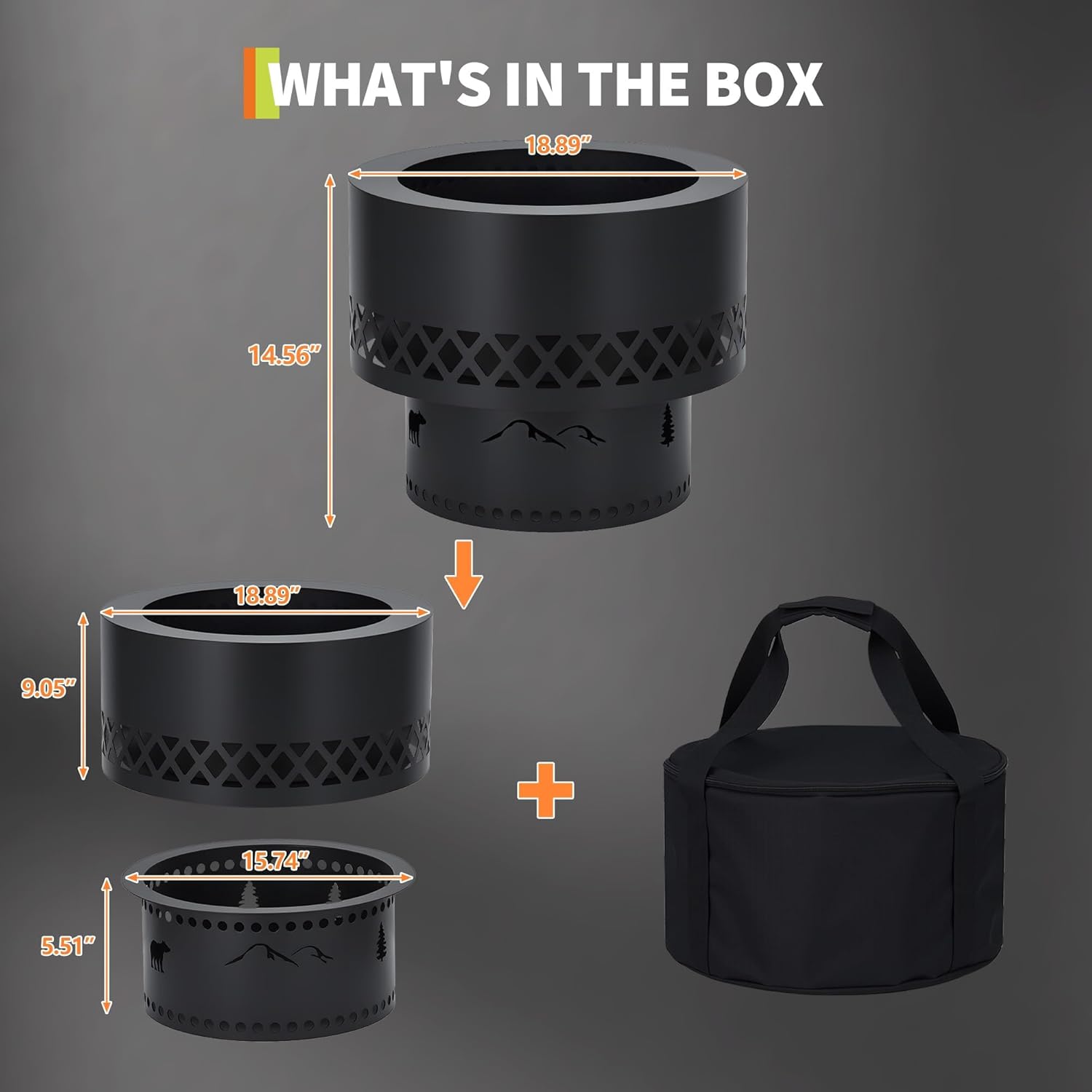 19inch Smokeless Fire Pit, Wood Burning Fireplace with Waterproof Storage Bag, Black Cold-Rolled Steel Outdoor Fire Pit for Patio Camping