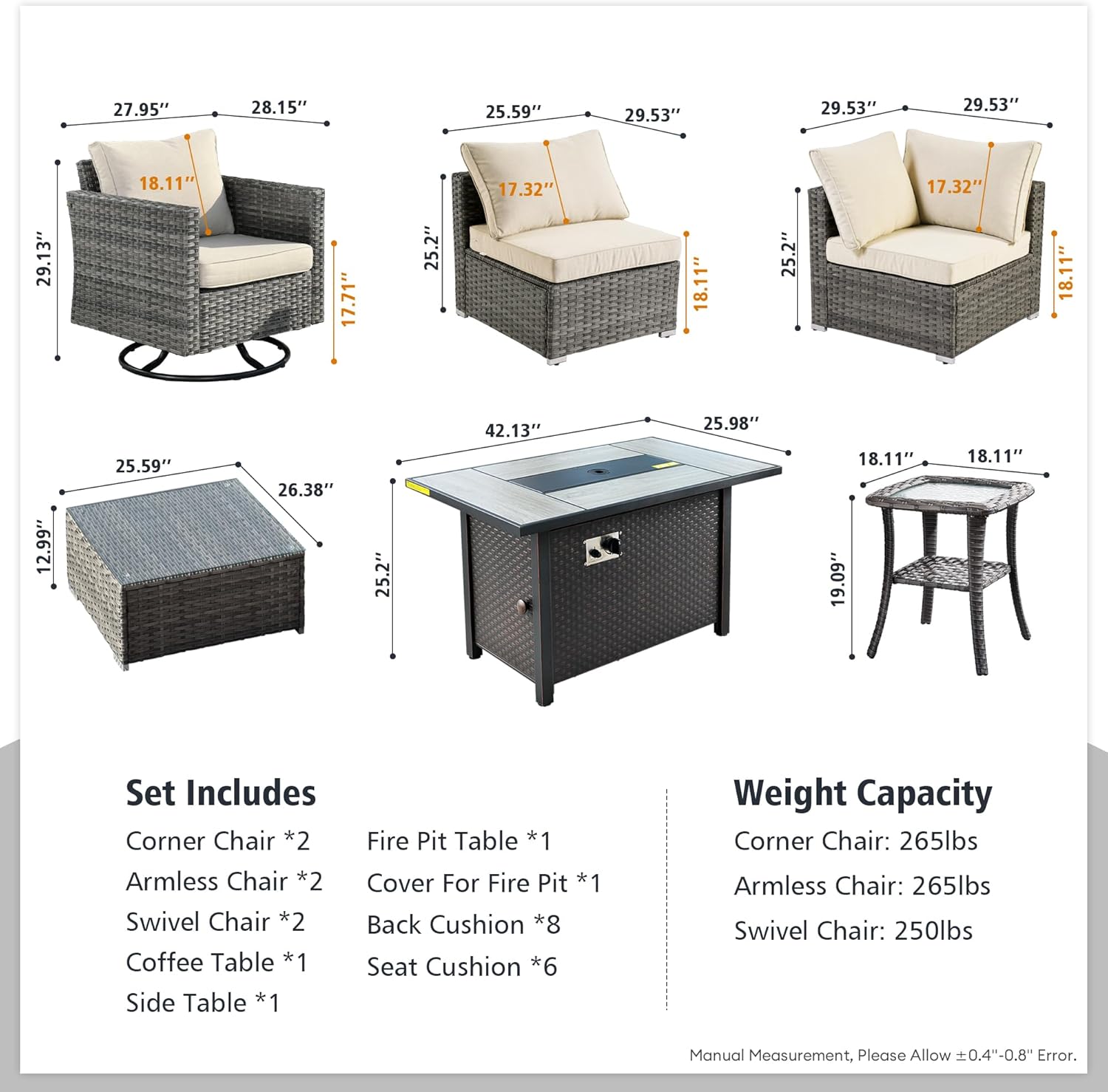 Patio Rattan Furniture Set 9-Piece Outdoor PE Wicker Conversation Couch, Gray Sectional Sofa Couch with Fire Pit, Outdoor Furniture with Rocker Chair