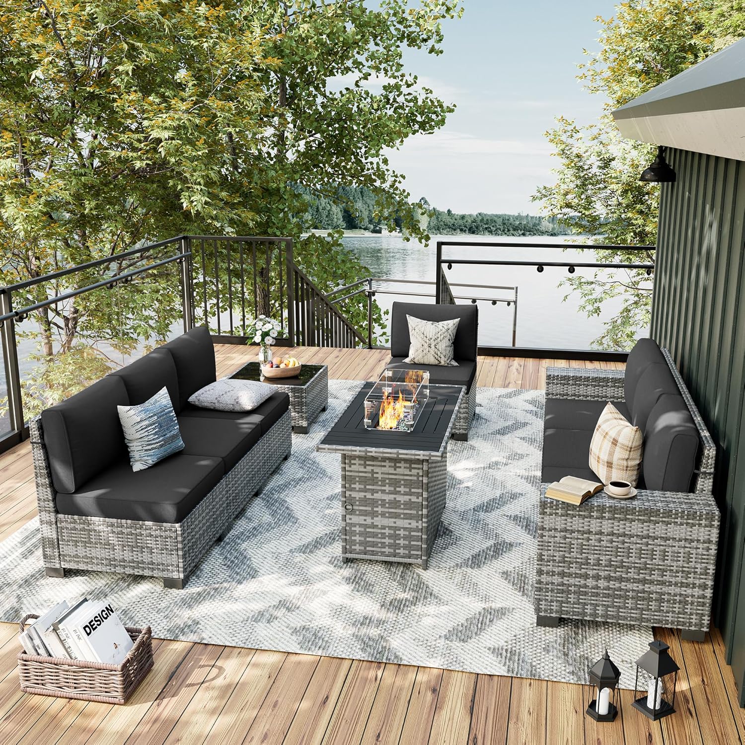 UDPATIO Patio Furniture Set with Fire Pit Table, 8 Inch Armrest Outdoor Sectional Sofa, 9 Piece Wicker Outdoor Furniture Conversation Sets with Waterproof Cover for Backyard Deck(Grey/Black)