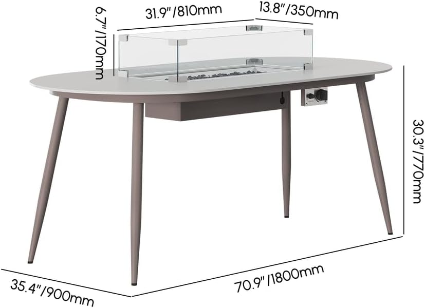 7-Piece Outdoor Dining Set with Oval Propane Fire Pit Table & Rope Woven Armchairs, Aluminum Frame, Cushions for Patio and Outdoor Dining