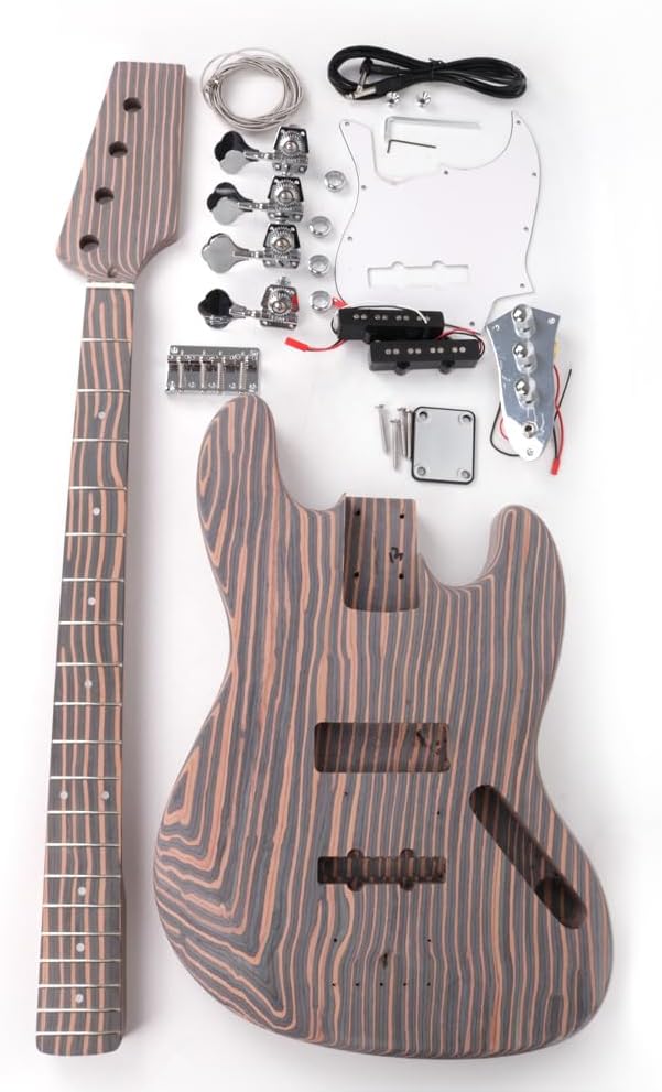 Fojill DIY Build Your Own Electric Bass Guitar Kit Unfinished Zebrawood Body Neck Fingerboard Fretboard All Parts Included